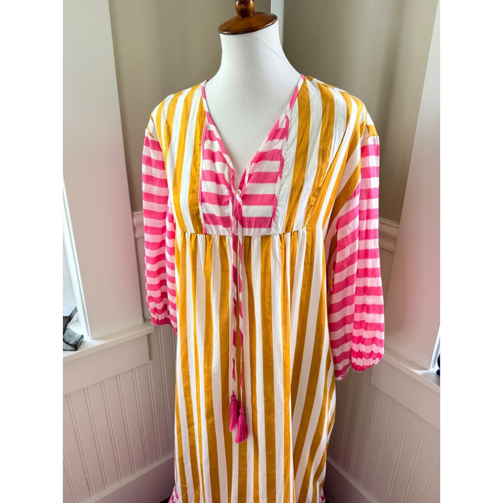 NWT Sunshine Tienda Copa Dress Mustard Pink Striped Cotton Maxi M/L - Picture 10 of 14